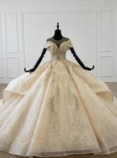 Champagne Ball Gown Tulle Sequins Cap Sleeve Backless Wedding Dress With Train